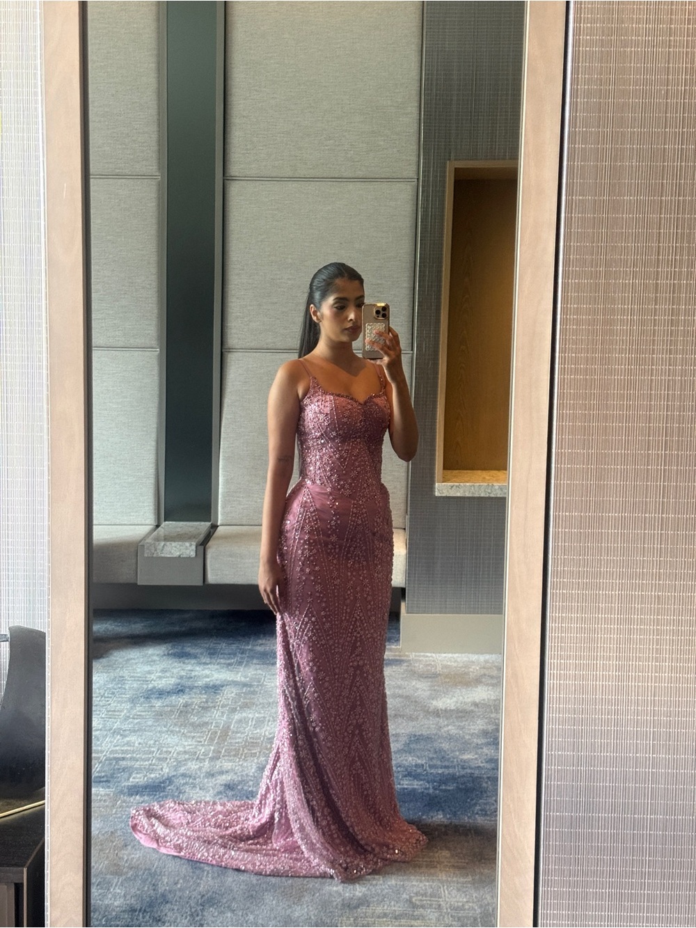 Custom Pink Fully Beaded Corset Gown + Matching Scarf